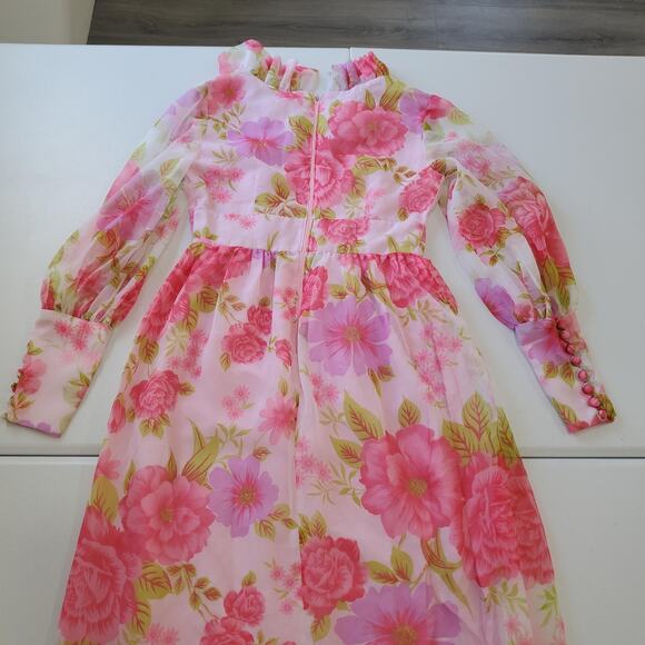 VINTAGE Floral Chiffon Maxi Dress Womens Small Pink Ruffle Neck Puff Sleeve 70s - Picture 4 of 11